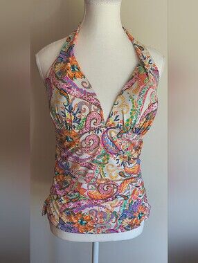 Ralph Lauren Paisley Swimsuit Tankini Top V Neck Halter Tie Straps Molded Cup 12